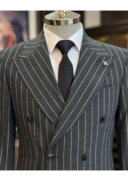 Italyan Stil Slim Fit Çizgili Kruvaze Ceket Pantolon Takım Elbise Antrasit T11934 fırsatları