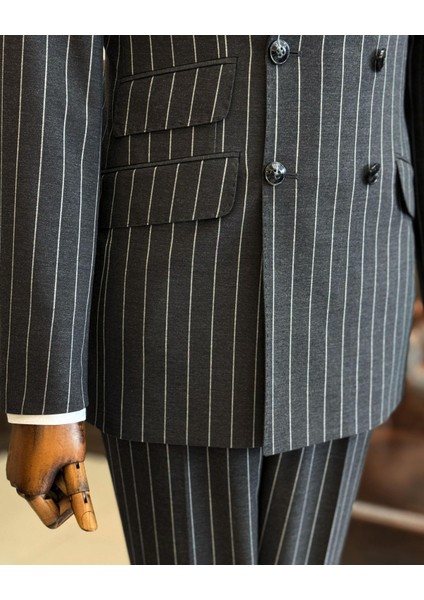 Italyan Stil Slim Fit Çizgili Kruvaze Ceket Pantolon Takım Elbise Antrasit T11934 indirimleri