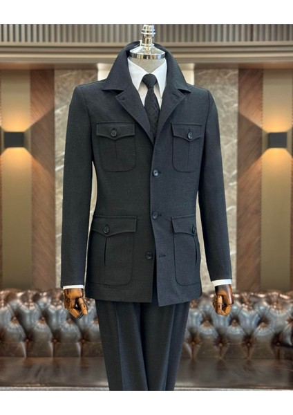 Italyan Stil Slim Fit Safari Ceket Pantolon Takım Elbise Antrasit T11959