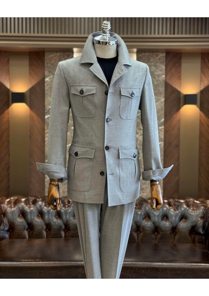 italyan stil slim fit safari ceket pantolon takım elbise gri T11960
