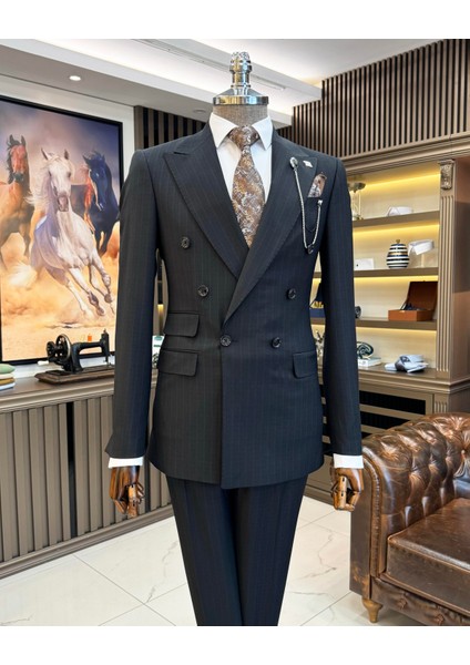 Italyan Stil Kruvaze Ekose Ceket Pantolon Erkek Takım Elbise Siyah T11126