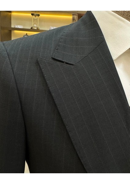 Italyan Stil Kruvaze Ekose Ceket Pantolon Erkek Takım Elbise Siyah T11126 modelleri