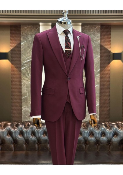 Italyan Stil Ceket Yelek Pantolon Takım Elbise Bordo T12004