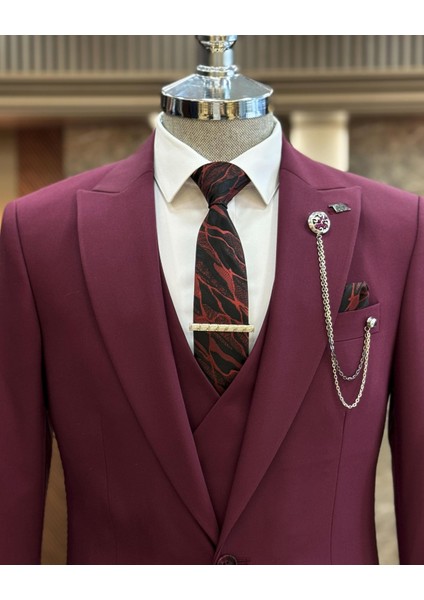 Italyan Stil Ceket Yelek Pantolon Takım Elbise Bordo T12004 fiyatları