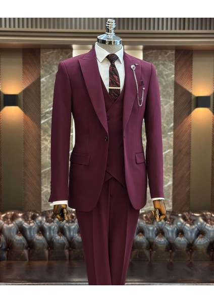 Italyan Stil Ceket Yelek Pantolon Takım Elbise Bordo T12004 modelleri