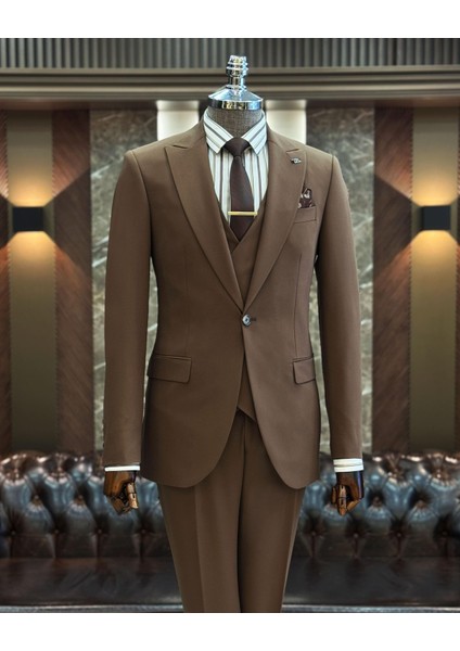 Italyan Stil Ceket Yelek Pantolon Takım Elbise Kahverengi T12005