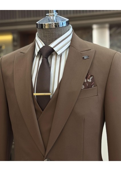 Italyan Stil Ceket Yelek Pantolon Takım Elbise Kahverengi T12005