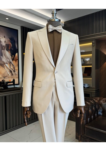 Italyan Kesim Slim Fit Sivri Yaka Ceket Pantolon Damatlık Set Bej T11838