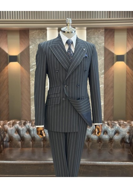 Italyan Stil Slim Fit Çizgili Kruvaze Ceket Pantolon Takım Elbise Lacivert T11938