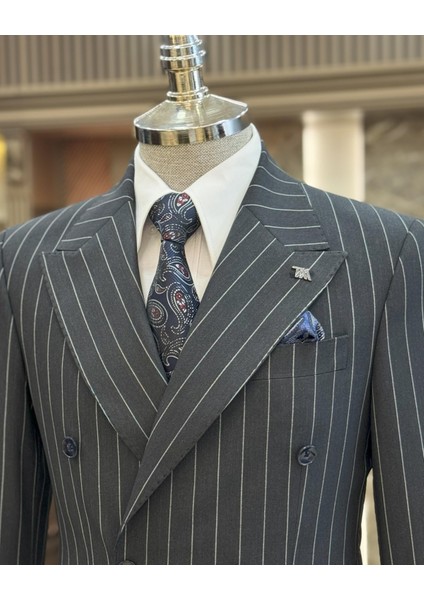 Italyan Stil Slim Fit Çizgili Kruvaze Ceket Pantolon Takım Elbise Lacivert T11938 fiyatları