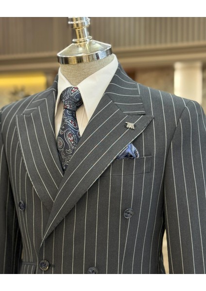 Italyan Stil Slim Fit Çizgili Kruvaze Ceket Pantolon Takım Elbise Lacivert T11938 modelleri