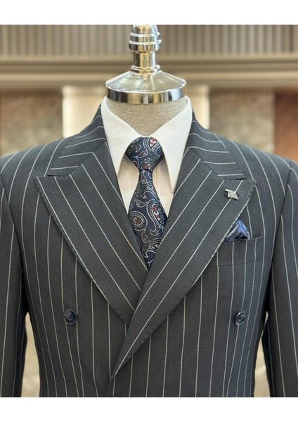 Italyan Stil Slim Fit Çizgili Kruvaze Ceket Pantolon Takım Elbise Lacivert T11938 fırsatları