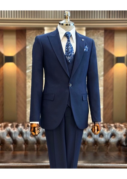 Italyan Stil Ceket Yelek Pantolon Takım Elbise Lacivert T12021