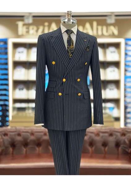 Italyan Stil 8 Drop Çizgili Kruvaze Ceket Pantolon Takım Elbise Lacivert T10701