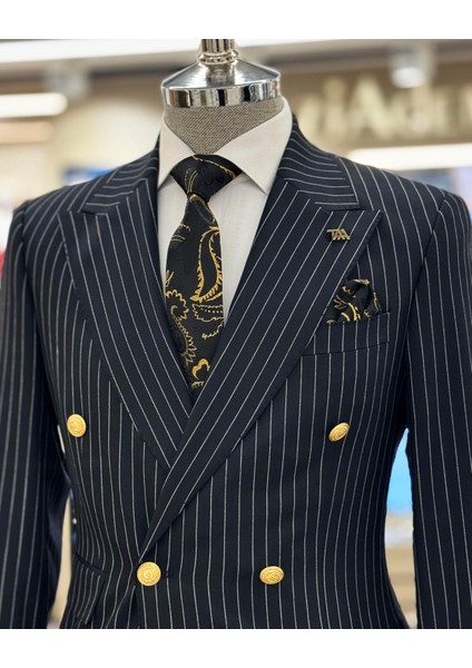 Italyan Stil 8 Drop Çizgili Kruvaze Ceket Pantolon Takım Elbise Lacivert T10701 fırsatları