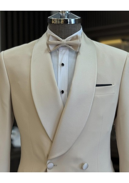Italyan Kesim Slim Fit Şal Yaka Kruvaze Ceket Pantolon Damatlık Set Bej T11950 fiyatları