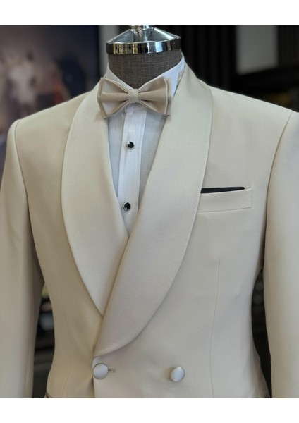 Italyan Kesim Slim Fit Şal Yaka Kruvaze Ceket Pantolon Damatlık Set Bej T11950 fırsatları