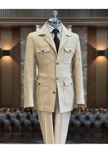 Italyan Stil Slim Fit Safari Ceket Pantolon Takım Elbise Camel T11962