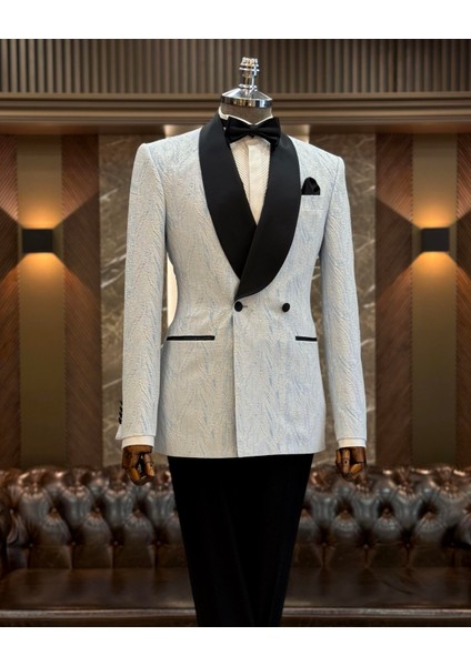 Italyan Stil Slim Fit Şal Yaka Kruvaze Ceket Pantolon Damatlık Set Mavi T12027