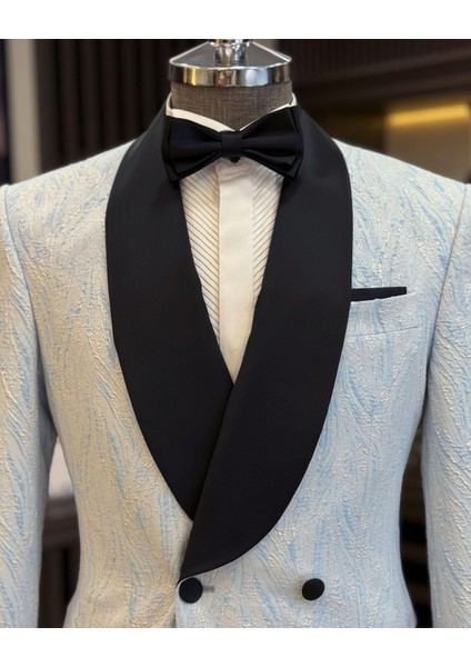 Italyan Stil Slim Fit Şal Yaka Kruvaze Ceket Pantolon Damatlık Set Mavi T12027