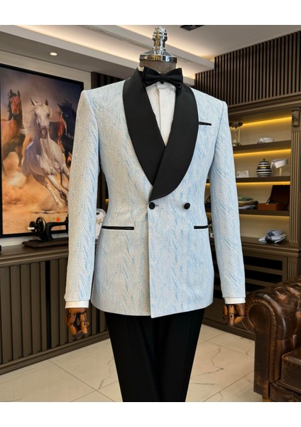 Italyan Stil Slim Fit Şal Yaka Kruvaze Ceket Pantolon Damatlık Set Mavi T12027