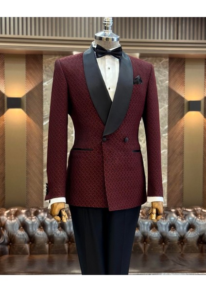 Terzi Adem Altun Italyan Stil Slim Fit Şal Yaka Kruvaze Ceket Pantolon Damatlık Set Bordo T12031