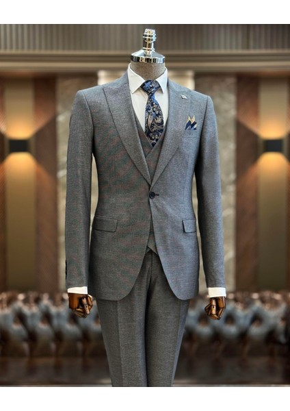 Italyan Stil Slim Fit Ceket Yelek Pantolon Takım Elbise Vizon T9951