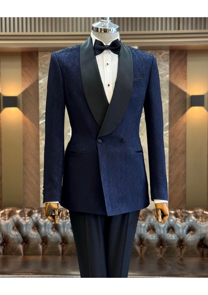 Italyan Stil Slim Fit Şal Yaka Kruvaze Ceket Pantolon Damatlık Set Lacivert T12032