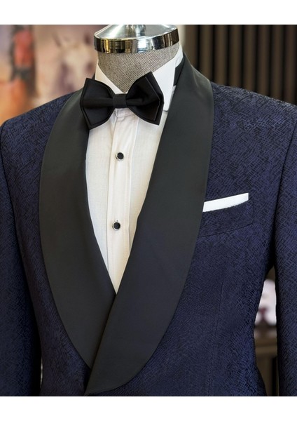 Italyan Stil Slim Fit Şal Yaka Kruvaze Ceket Pantolon Damatlık Set Lacivert T12032