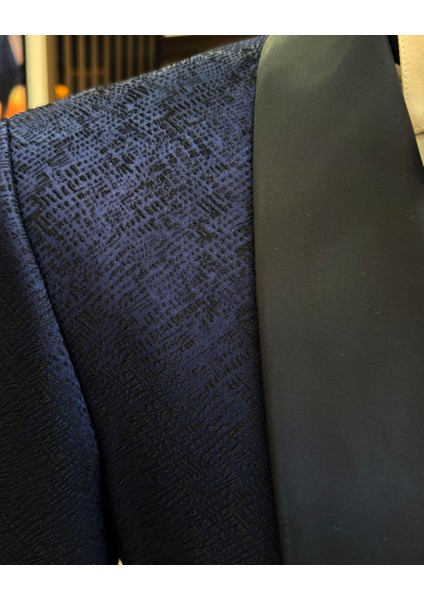 Italyan Stil Slim Fit Şal Yaka Kruvaze Ceket Pantolon Damatlık Set Lacivert T12032