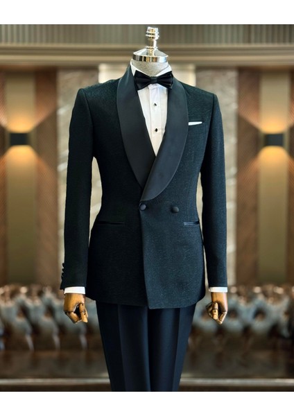 Italyan Stil Slim Fit Şal Yaka Kruvaze Ceket Pantolon Damatlık Set Siyah T12024