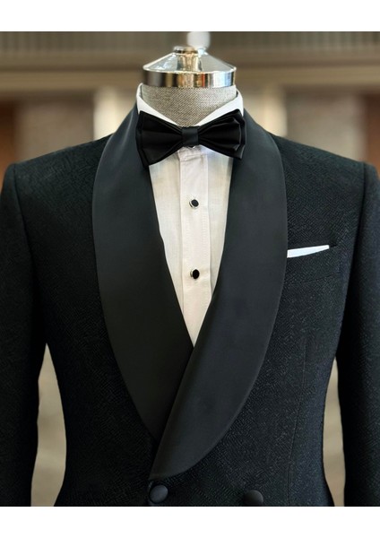 Italyan Stil Slim Fit Şal Yaka Kruvaze Ceket Pantolon Damatlık Set Siyah T12024 modelleri