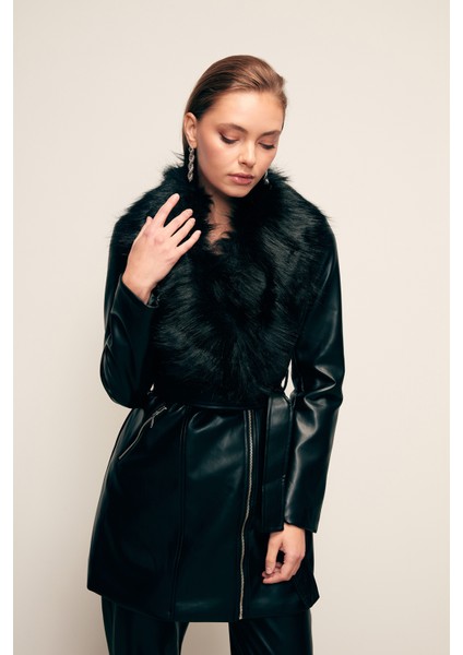 Kürk Detaylı Deri Ceket - Siyah indirimleri