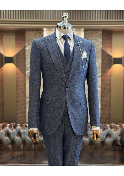 Italyan Stil Slim Fit Erkek Ceket Yelek Pantolon Takım Elbise Lacivert T11019