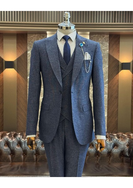 Italyan Stil Slim Fit Erkek Ceket Yelek Pantolon Takım Elbise Lacivert T11019