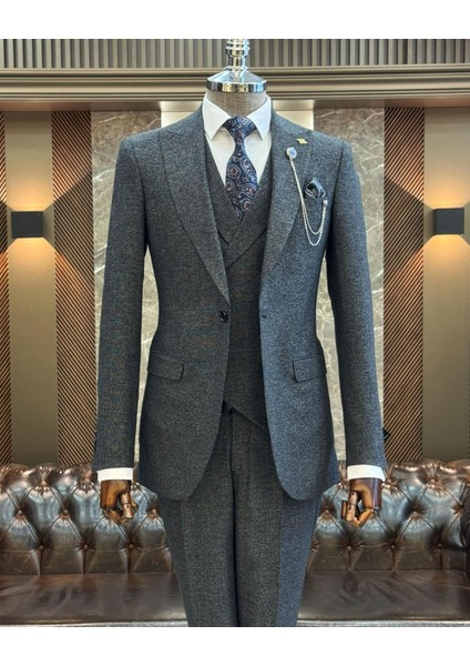 Italyan Stil Slim Fit Erkek Ceket Yelek Pantolon Takım Elbise Lacivert T11213 fırsatları