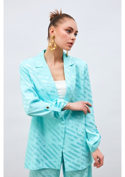 Kol Detaylı Desenli Salaş Ceket - Turkuaz fiyatları
