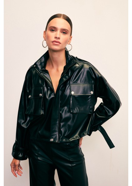 Cepli Kadın Deri Ceket - Siyah Polyester Günlük Stil ile Şık Tasarım indirimleri