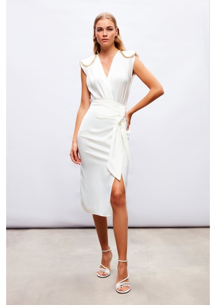 Bağlamalı Saten Etek - Ekru fiyatları