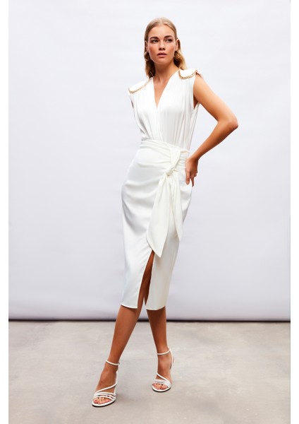 Bağlamalı Saten Etek - Ekru modelleri