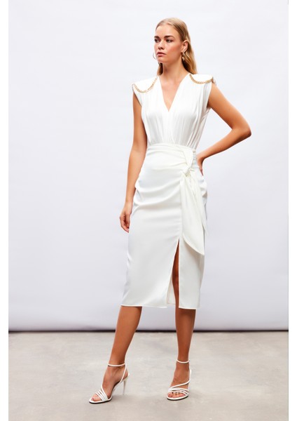 Bağlamalı Saten Etek - Ekru fırsatları