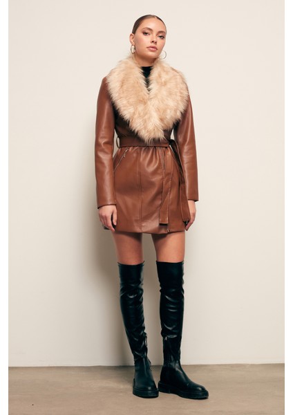 Kürk Detaylı Deri Ceket - Kahve fiyatları