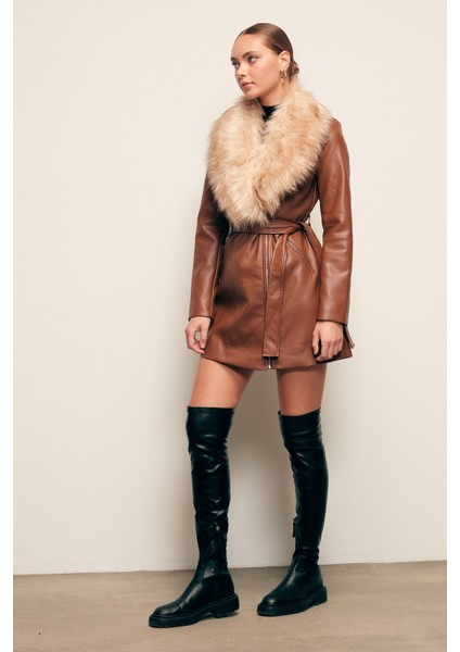 Kürk Detaylı Deri Ceket - Kahve modelleri
