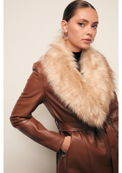 Kürk Detaylı Deri Ceket - Kahve fırsatları