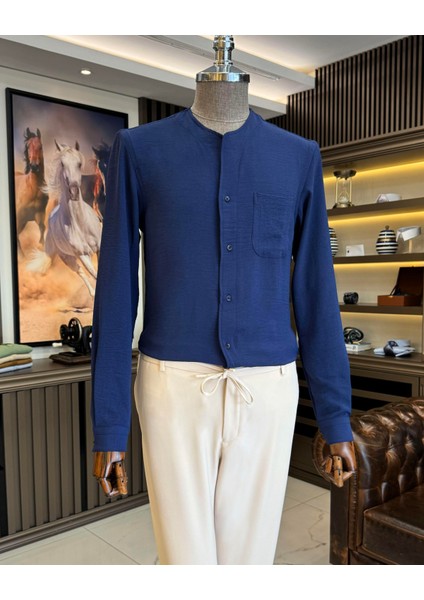 Italyan Stil Slim Fit Erkek Yakasız Gömlek Lacivert T11873