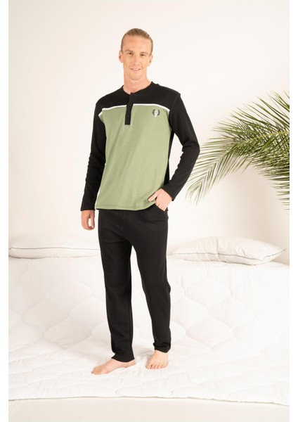 Erkek Kışlık Üç Düğmeli Yuvarlak Yaka Penye Pijama Takımı