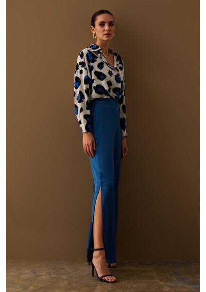 Yırtmaç Detaylı Saten Pantolon - Indigo
