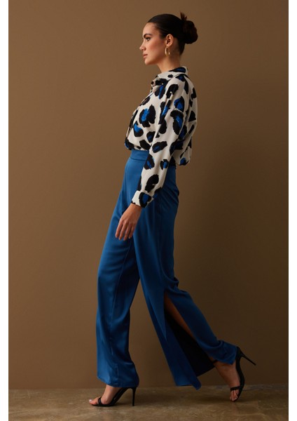Yırtmaç Detaylı Saten Pantolon - Indigo