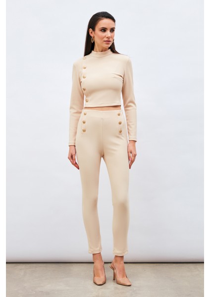Düğme Detaylı Pantolon - Bej