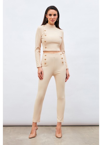 Düğme Detaylı Pantolon - Bej